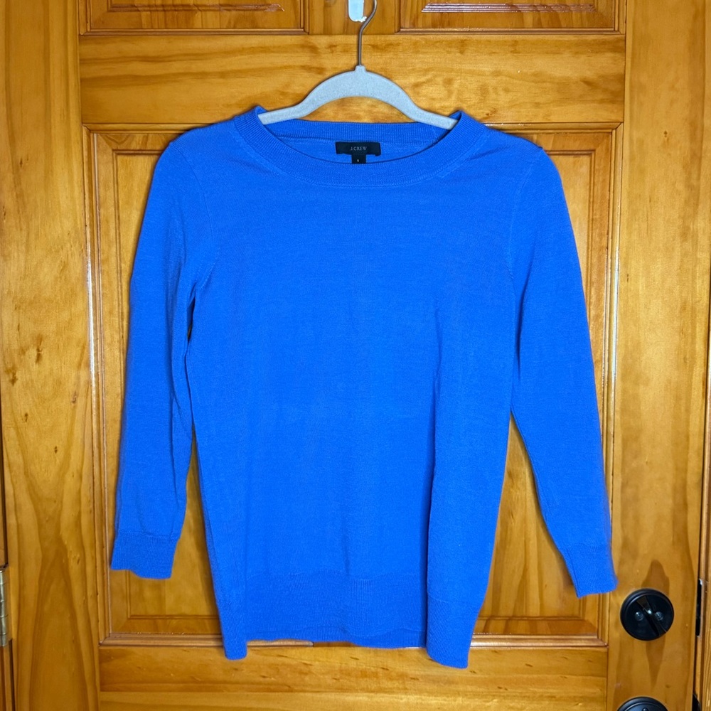 J. Crew Tippi Sweater Crew 100% Merino Wool Blue Lightweight 3/4 Sleeve Small